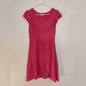 Blue Pepper Pink V-Neck Dress Size L Cinched Waist Frilly Sleeves Lined Boho